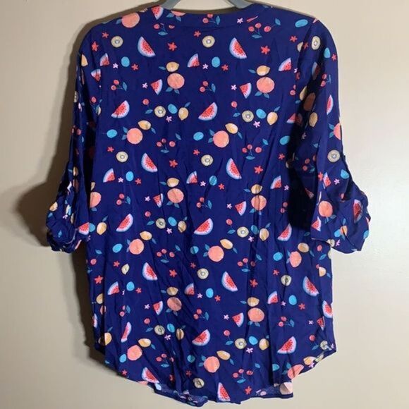 Mandee Dark Blue Fruit Themed Top NWT - Picture 2 of 6